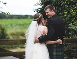 Kelly Spence gold plated Midsummer halo worn by real bride Holly - photo Emma Hare
