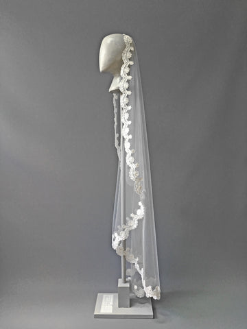 SAMPLE VEIL - Calf length 1 tier lace edged Mantilla veil